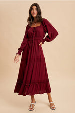 Gathered Square Neck Maxi Dress in Cherry