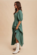 Cotton Square Neck Maxi Dress in Evergreen