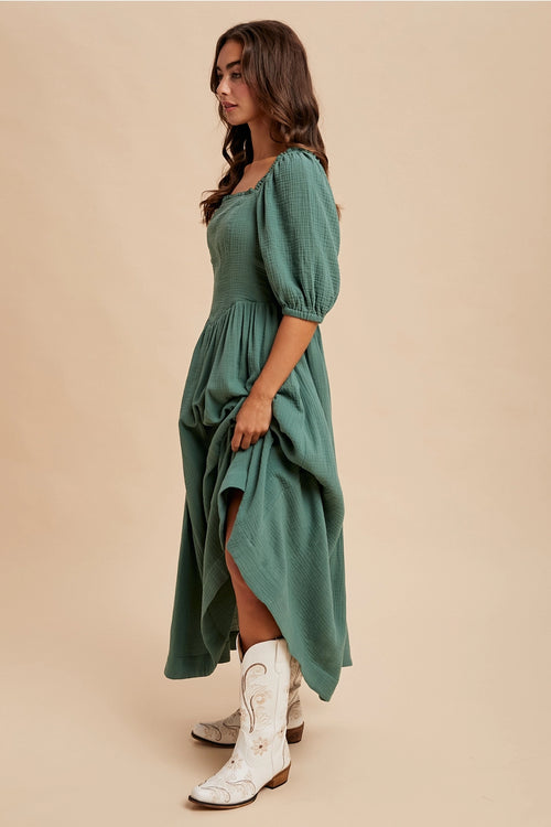 Cotton Square Neck Maxi Dress in Evergreen