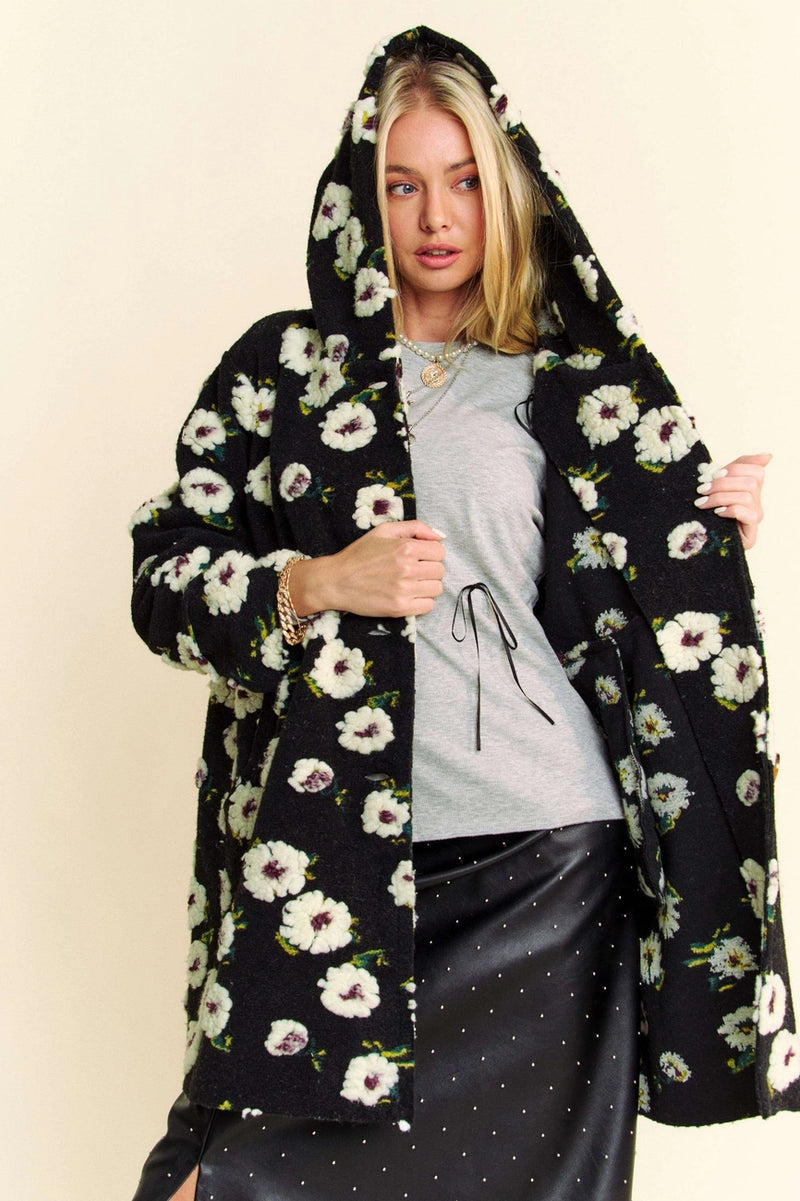 Black Hoodie Jacket with White Fluffy Flowers
