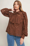 Brown Lace Long Sleeve and Tie Neck Blouse