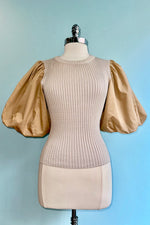 Tan Balloon Sleeve Ribbed Top