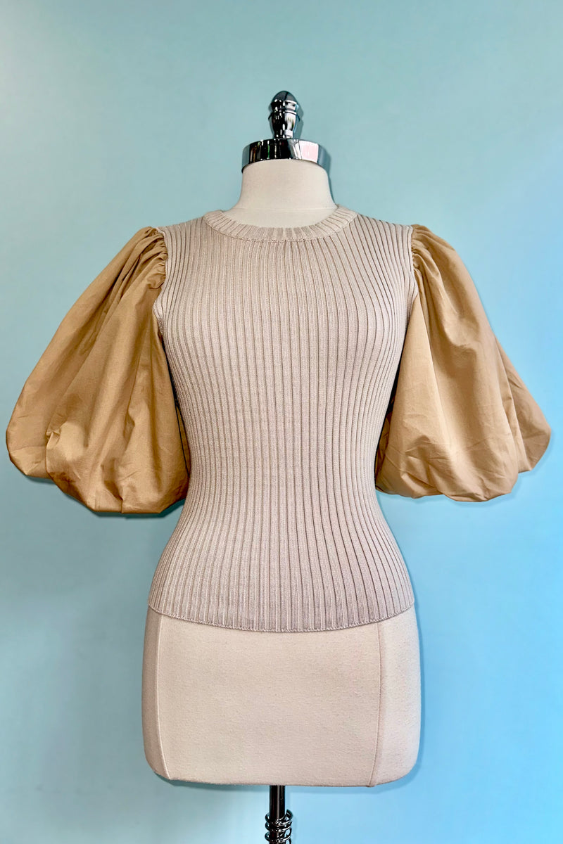 Tan Balloon Sleeve Ribbed Top