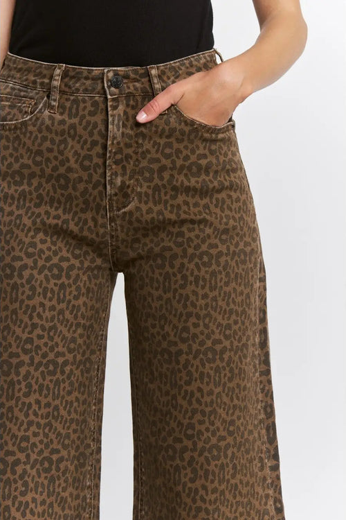 Leopard High Rise Wide Leg Jeans by Mica Denim