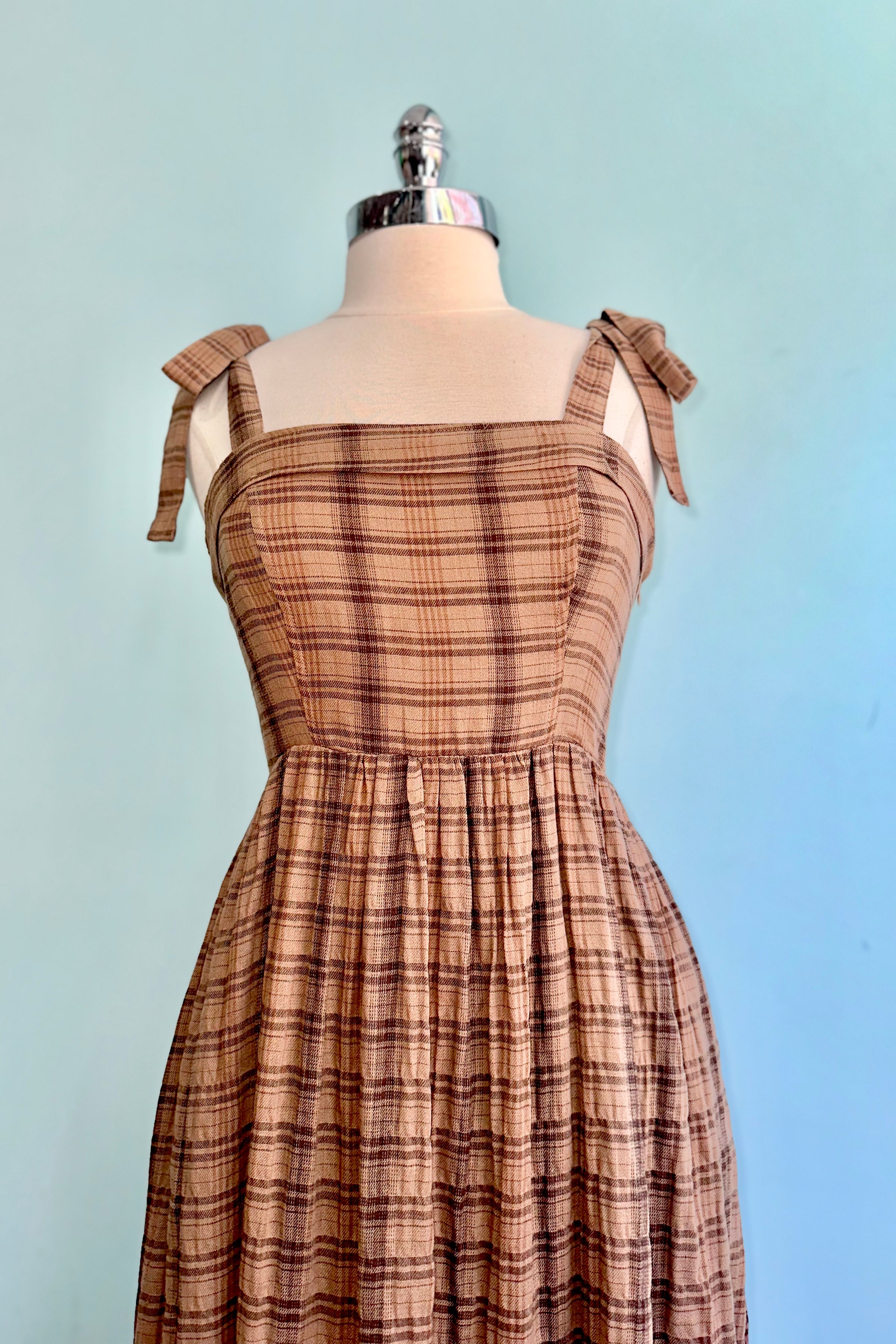 Brown Plaid Tie Shoulder Maxi Dress Small