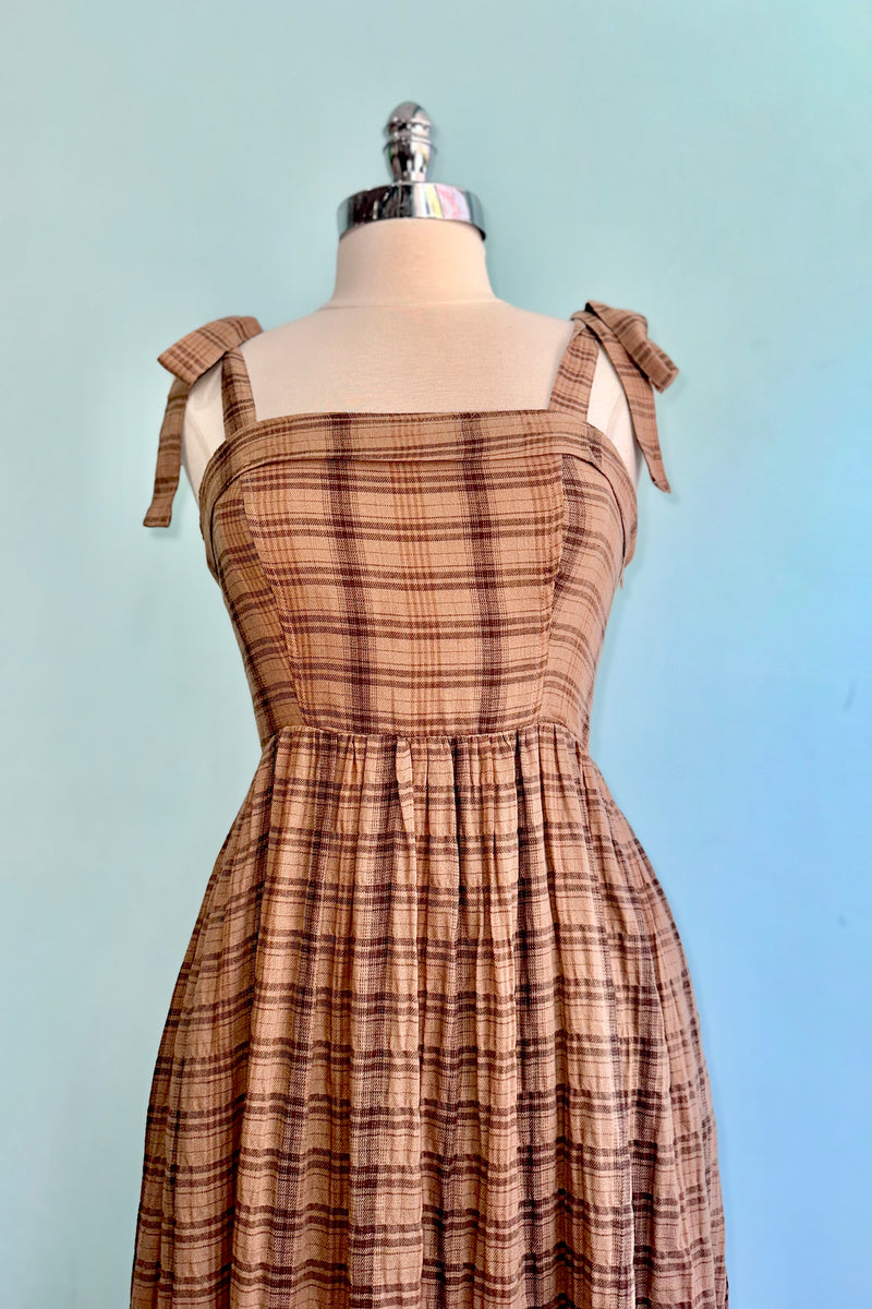 brown plaid maxi dress Ruched Split Hem Sleeveless Crepe Off Shoulder, Too Unbothered Plaid Maxi Dress in Brown, Size M,