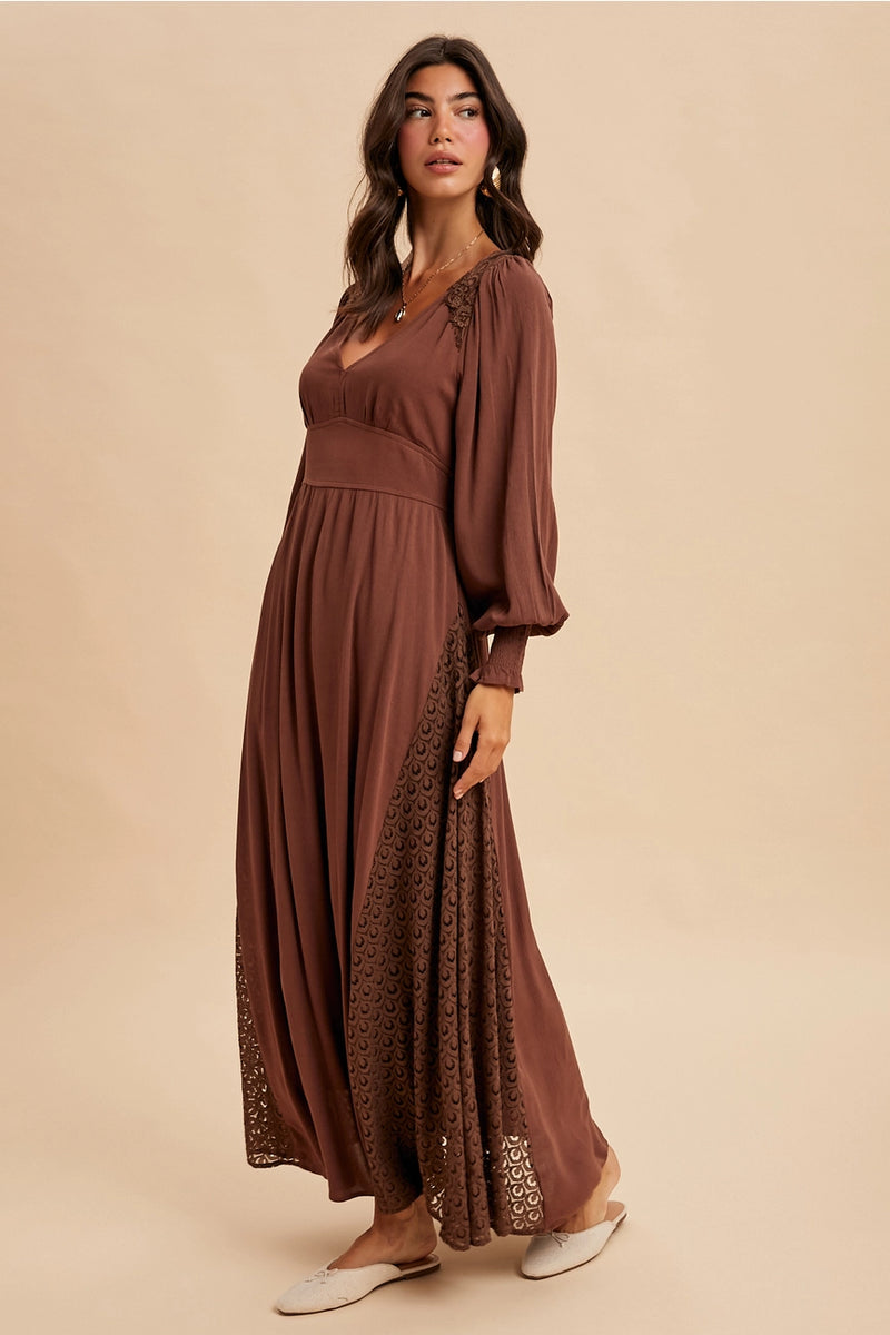 Lace Panel Maxi Dress in Mocha