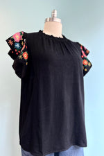Black Floral Embroidered Flutter Sleeve Linen Top