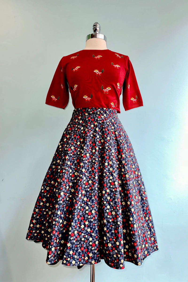 Navy and Red Autumn Floral Full Skirt by Tulip B.