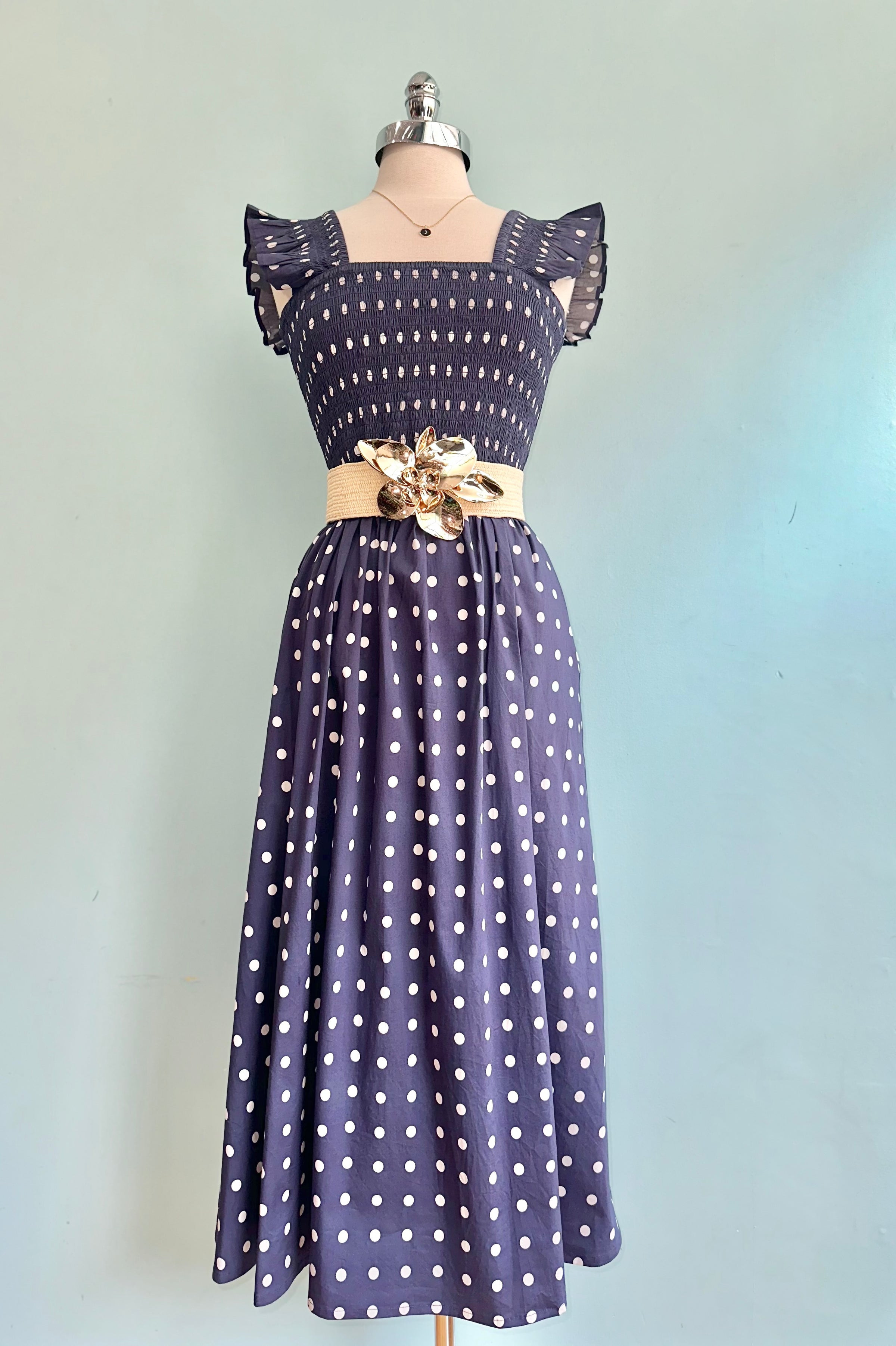 Navy Polka Dot Smocked Xemeni Midi Dress by Timeless London X-Large