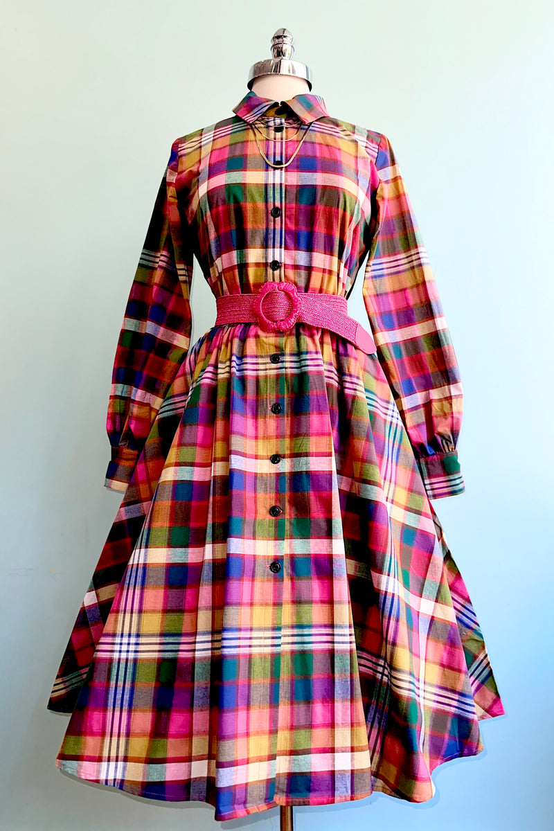 Multicolor Plaid Longsleeve Shirtwaist Dress