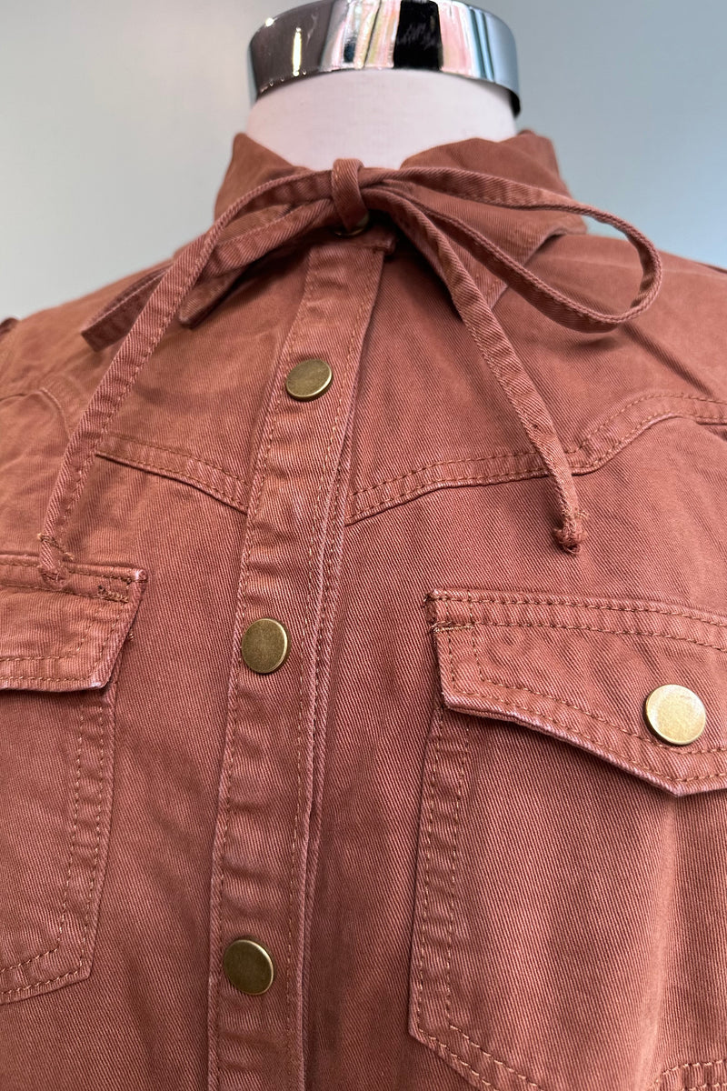Mocha Denim Puff Sleeve Button Down Top