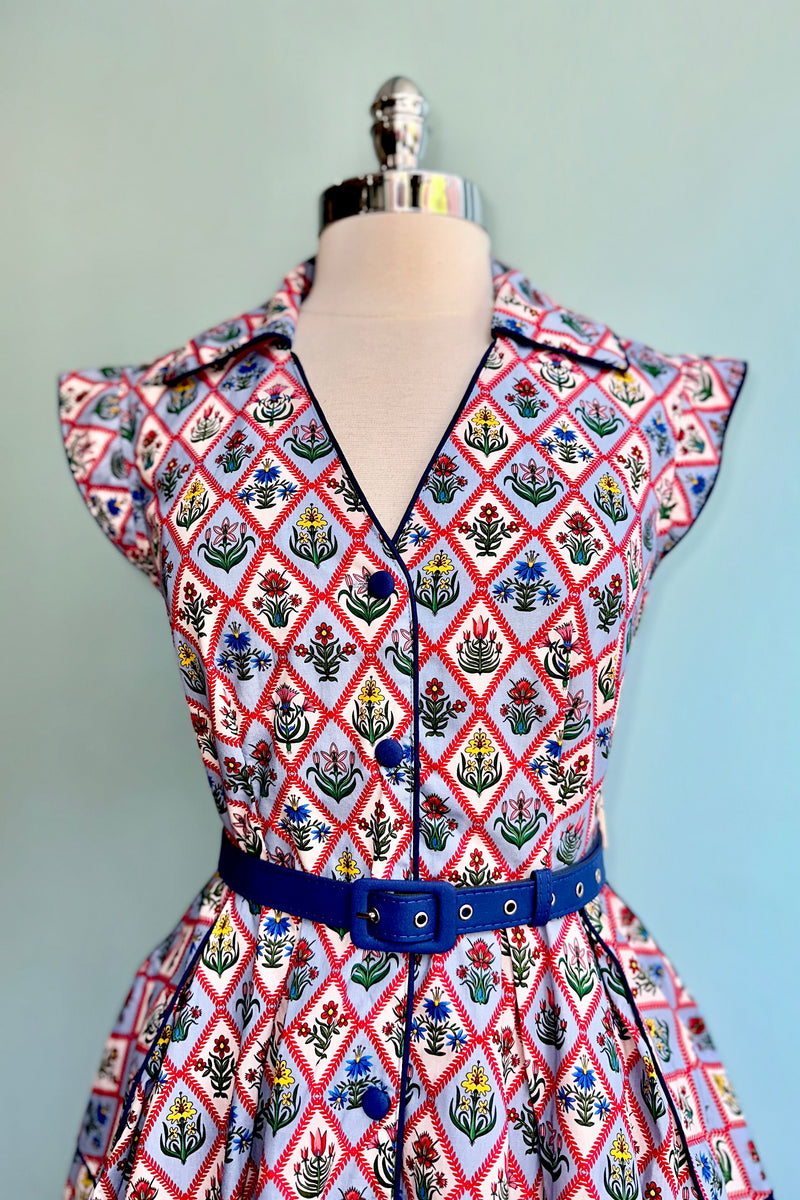 Blue Garden Floral Diamond Print Shirt Dress