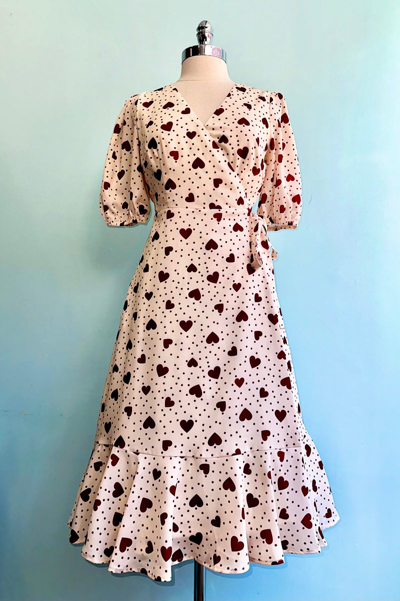 Heart Polka Dot Wrap Dress in Cream by Voodoo Vixen Modern Millie