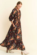 Brown Floral Smocked Maxi Dress