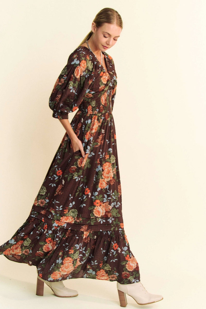 Brown Floral Smocked Maxi Dress