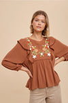 Camel Embroidered Ruffled Blouse