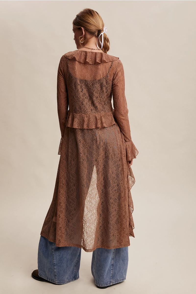 Ruffled Tie Front Lace Duster Dress in Mocha – Modern Millie