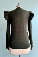 Dark Green Ruffle Sleeve V-Neck Sweater by Molly Bracken