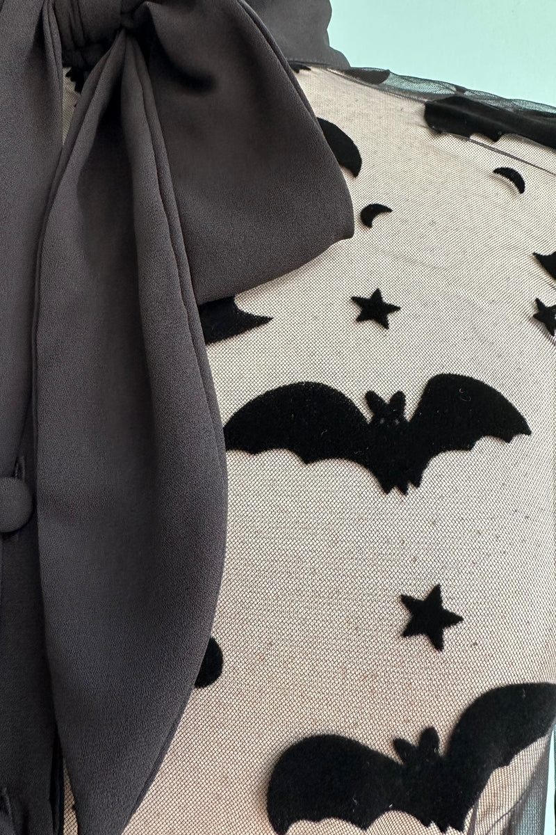 Flocked Bats Long Sleeve Tie Neck Top
