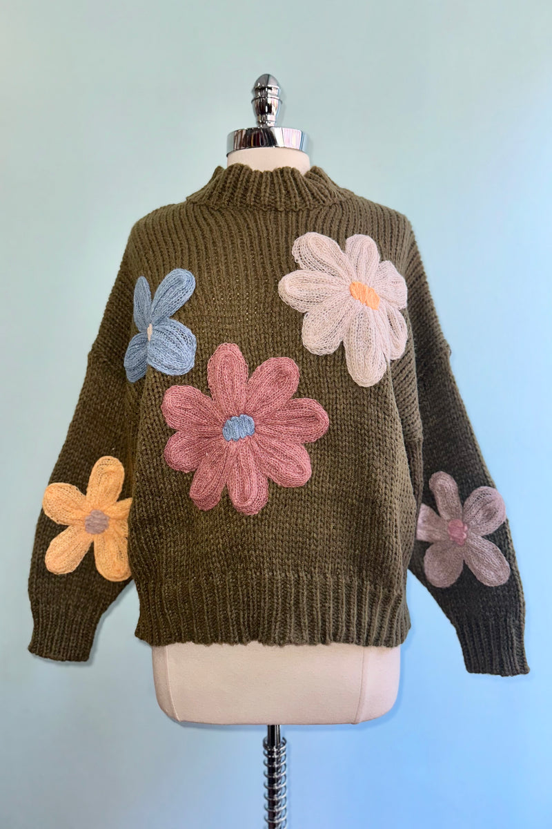 Olive Pullover Sweater with Large Flowers