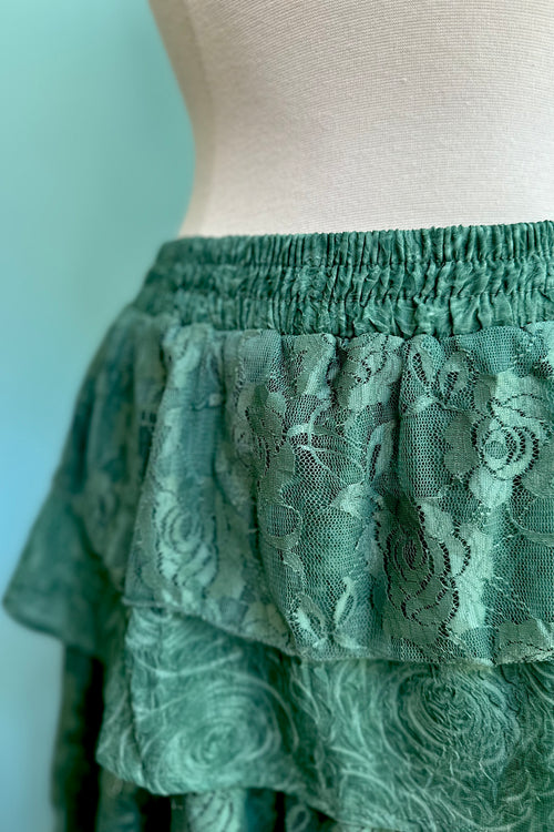 Eucalyptus Tiered Lace and Rose Jacquard Mesh Midi Skirt