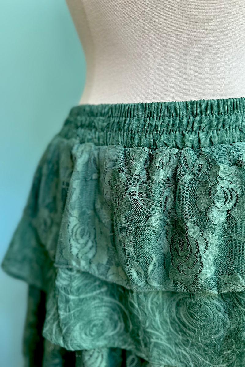 Eucalyptus Tiered Lace and Rose Jacquard Mesh Midi Skirt