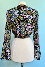 Wrap Top in Black and Lavender with Bell Sleeves by Angie