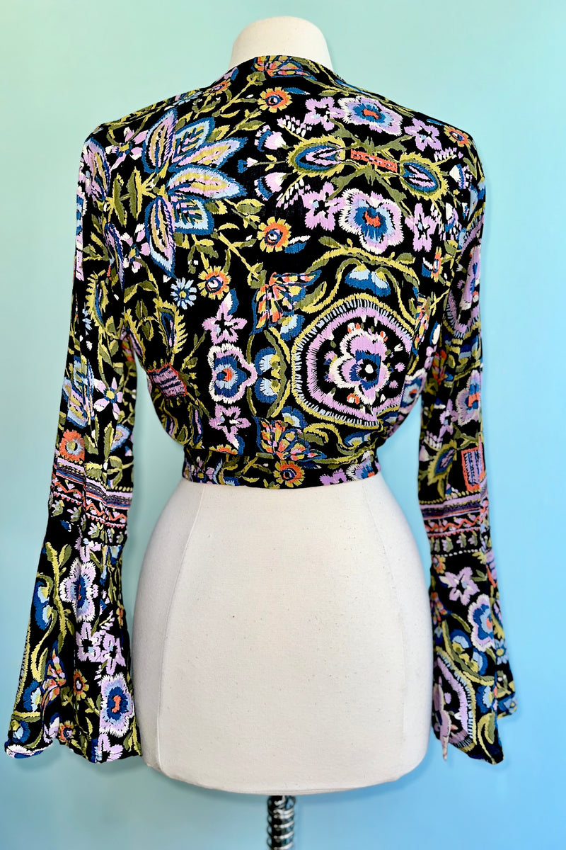 Wrap Top in Black and Lavender with Bell Sleeves by Angie
