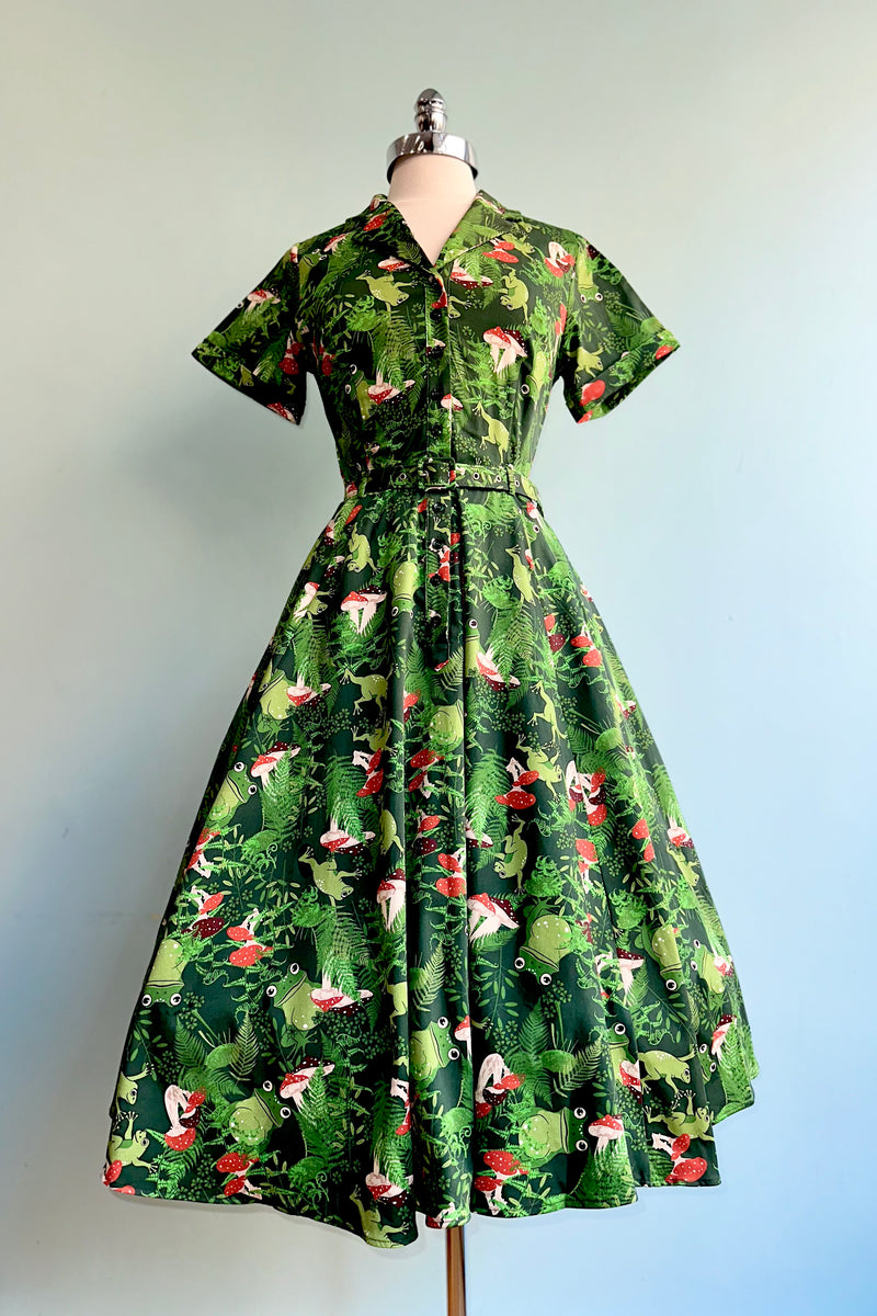 Collectif Caterina Frog Forest Swing Dress, Green, UK16