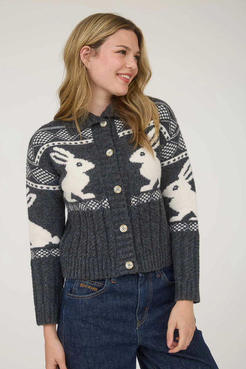 Charcoal Bunny Jacquard Button Down Cardigan Sweater