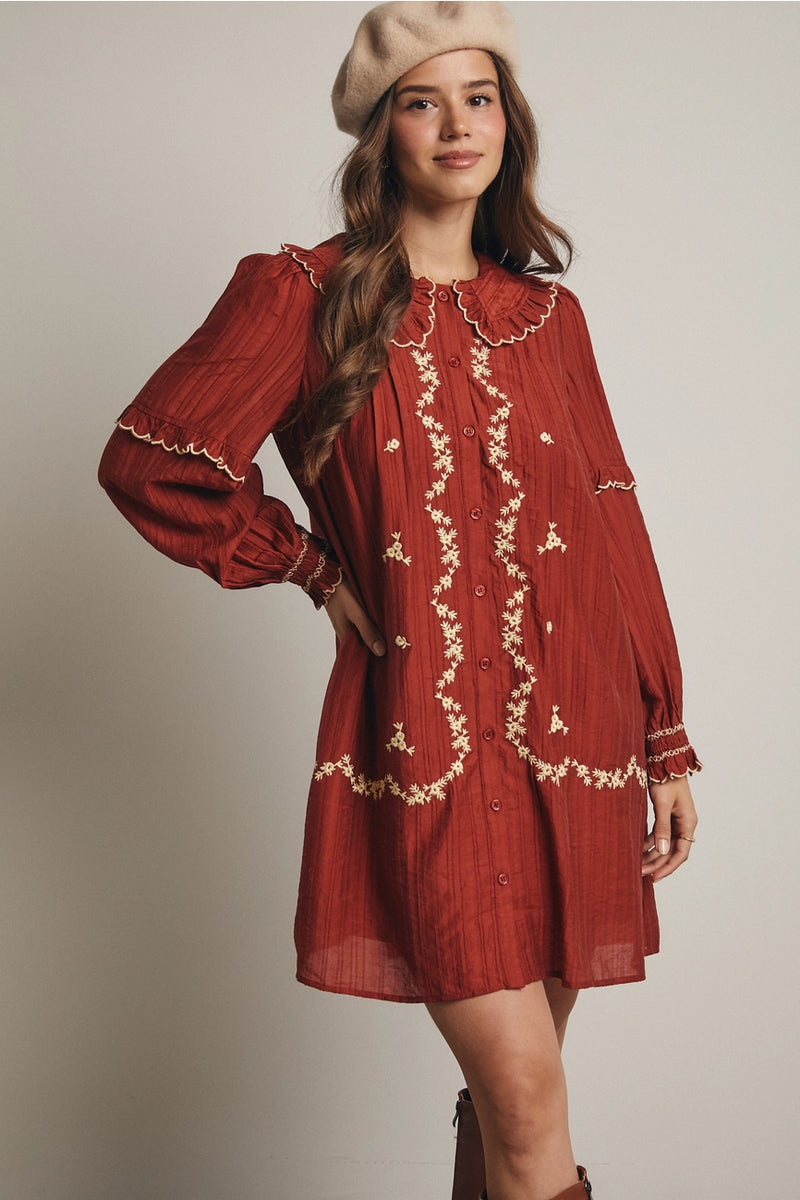 green emerald velvet dress Rust Embroidered Mini Dress Large