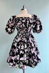 Black & Lavender Floral Bubble Sleeve Mini Dress