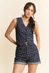 Denim and Floral V-Neck Vest