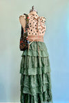 Eucalyptus Tiered Lace and Rose Jacquard Mesh Midi Skirt