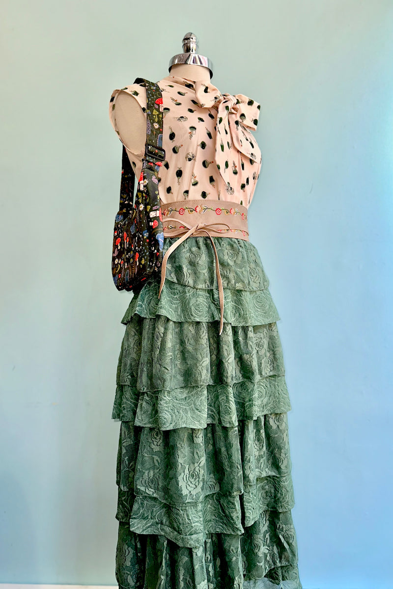Eucalyptus Tiered Lace and Rose Jacquard Mesh Midi Skirt