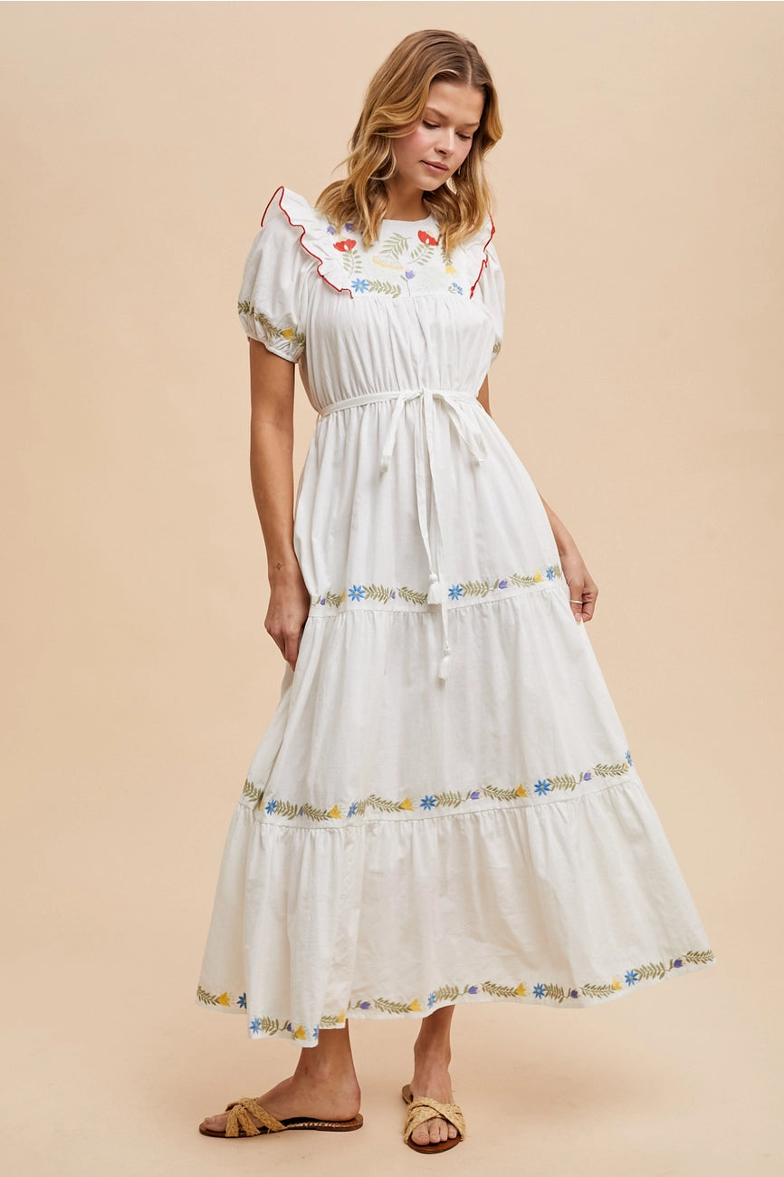 Embroidered Cotton Maxi Dress in White Small