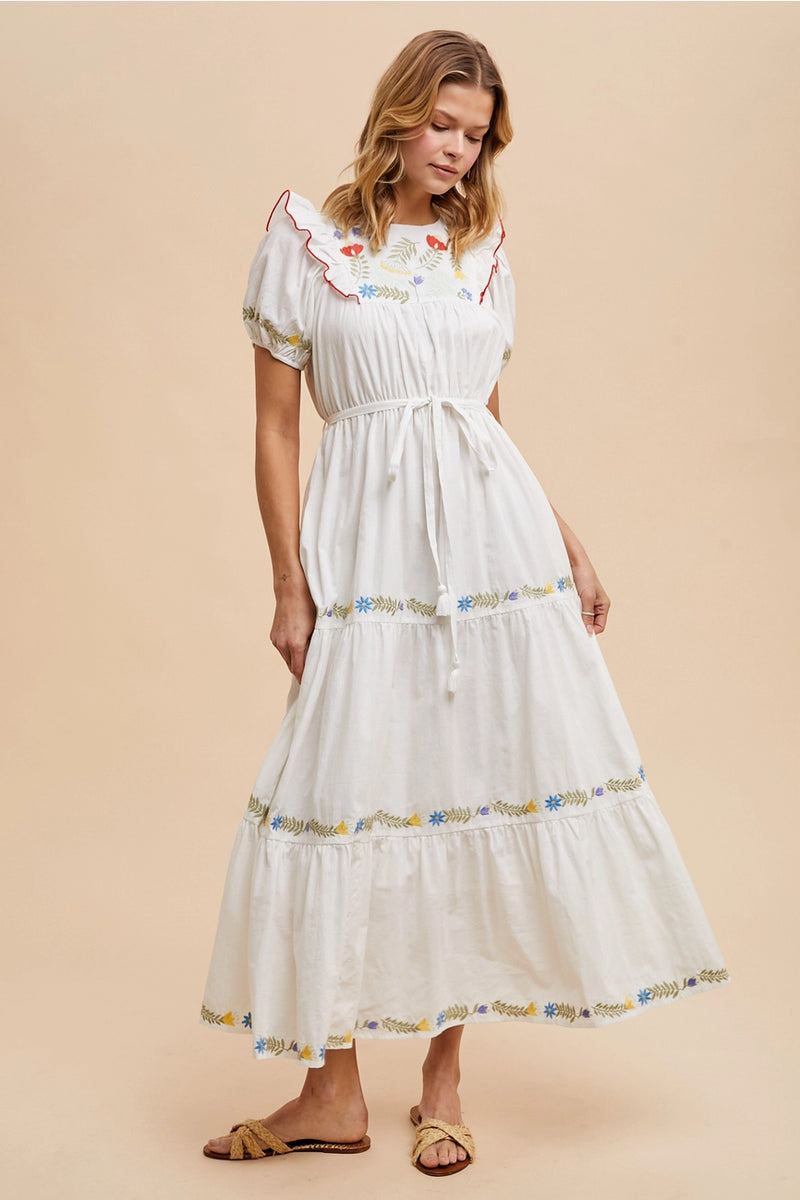 Embroidered Cotton Maxi Dress in White Small