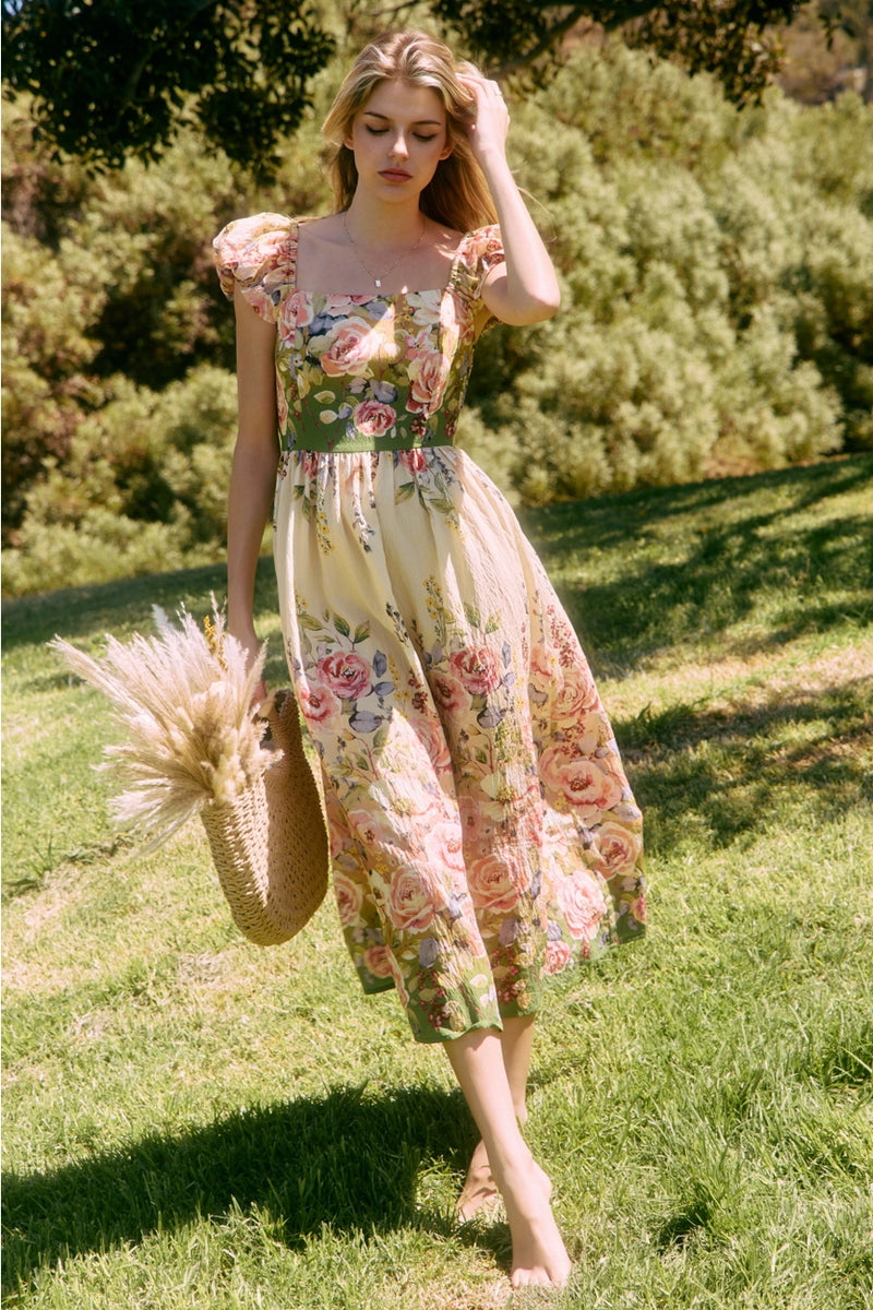 Puff Sleeve Smocked Yellow Floral Midi Dress – Modern Millie