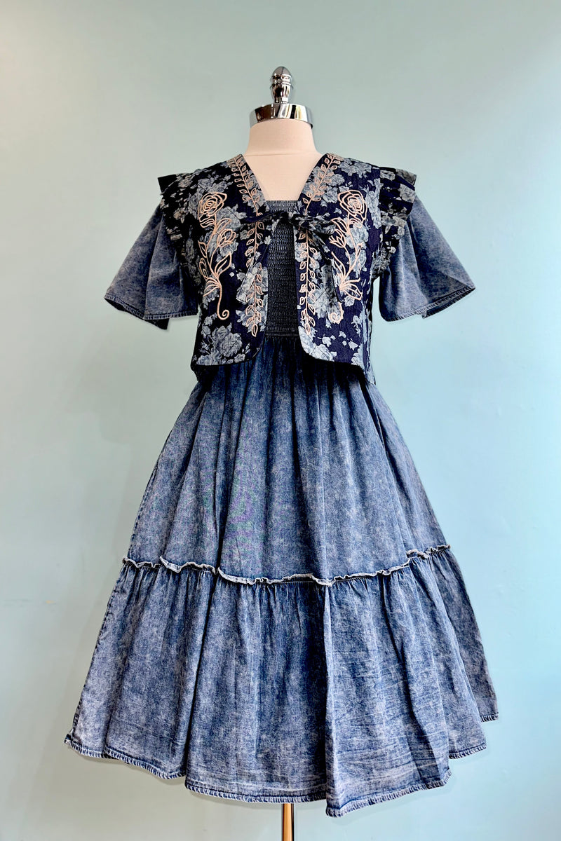 denim western dress puff sleeve smocked tiered Denim Ruffle Sleeve Smocked Dress Modern Millie