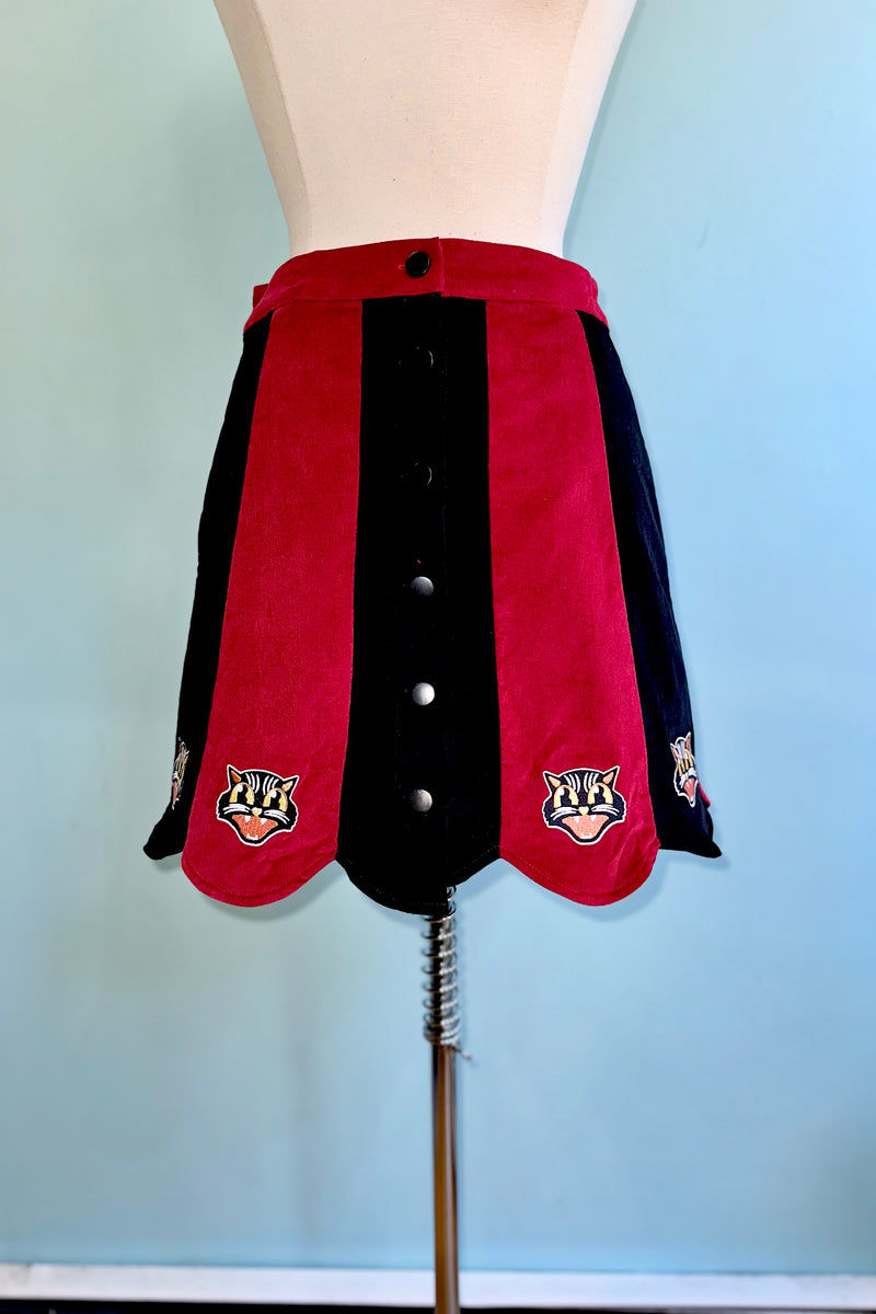 Burgundy and Black Spooky Cat Corduroy Mini Skirt