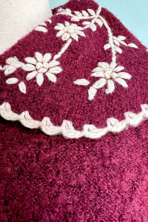Burgundy Floral Crocheted Collar Sweater