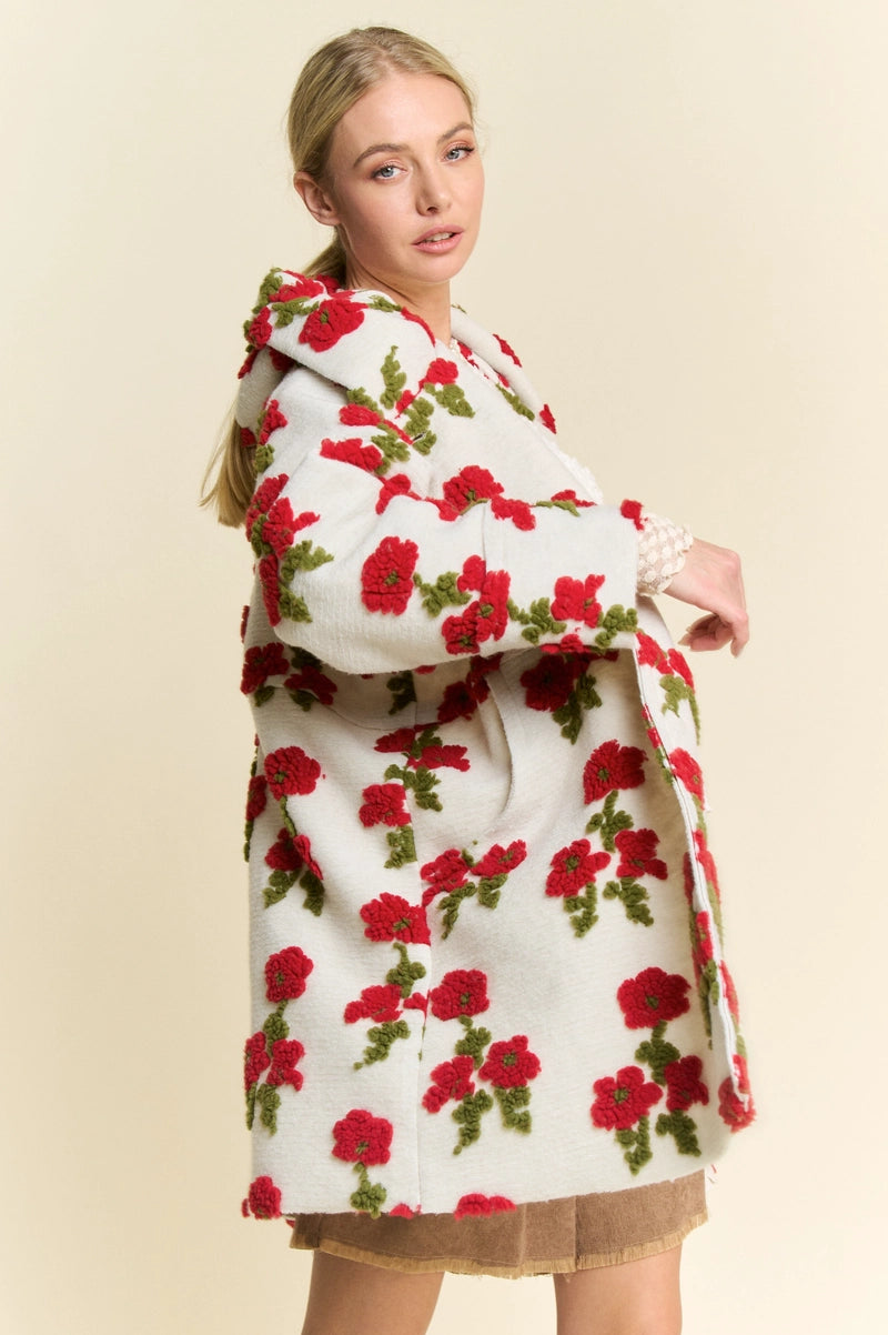 Ivory Hoodie Jacket with Red Flowers