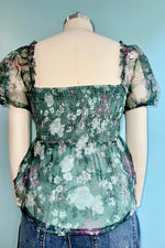 Green Floral Lace-Up Puff Sleeve Top