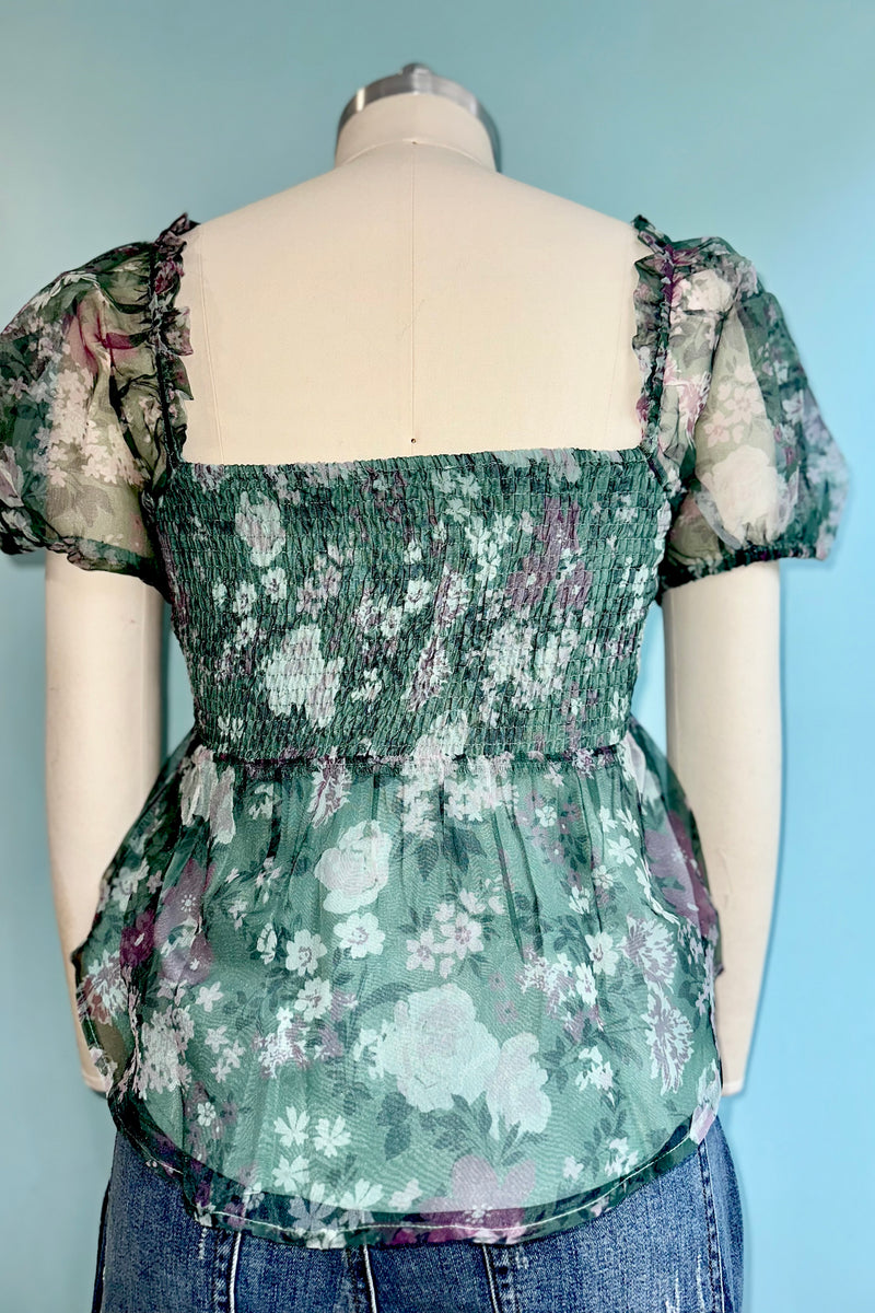 Green Floral Lace-Up Puff Sleeve Top