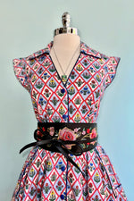 Blue Garden Floral Diamond Print Shirt Dress