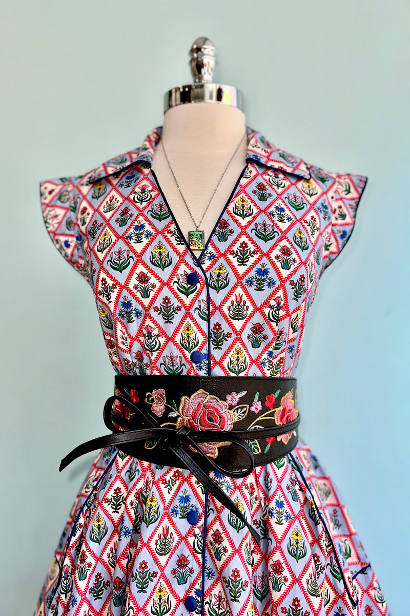Blue Garden Floral Diamond Print Shirt Dress