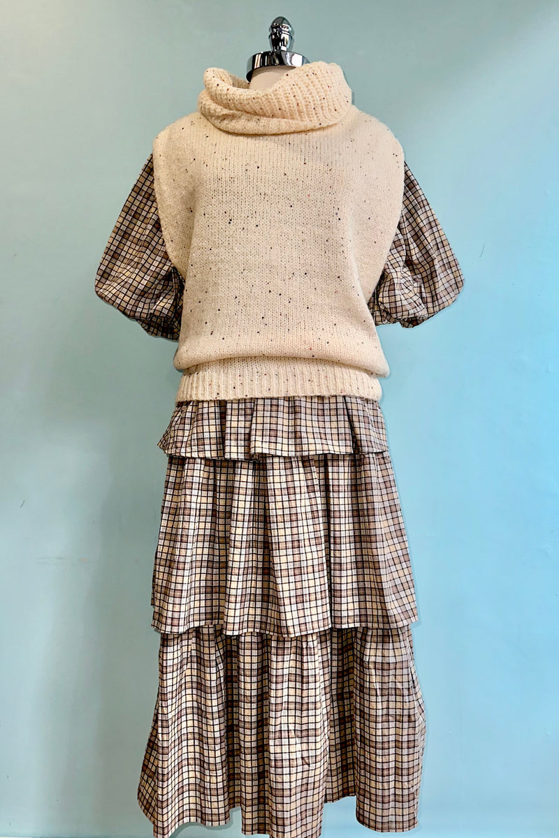Brown Plaid Bubble Sleeve Square Neck Midi Dress