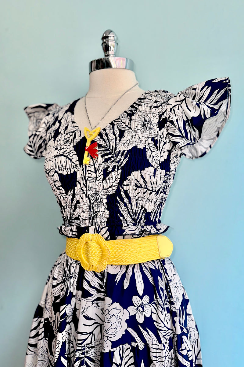 Navy Floral Ruffle Sleeve Midi Dress