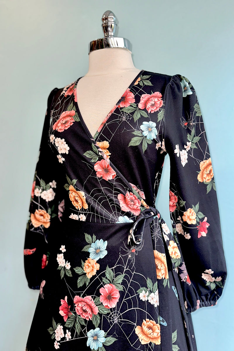 Floral Moth and Web Midi Wrap Dress by Voodoo Vixen Small Floral Moth and Web Midi Wrap Dress by Voodoo Vixen Small